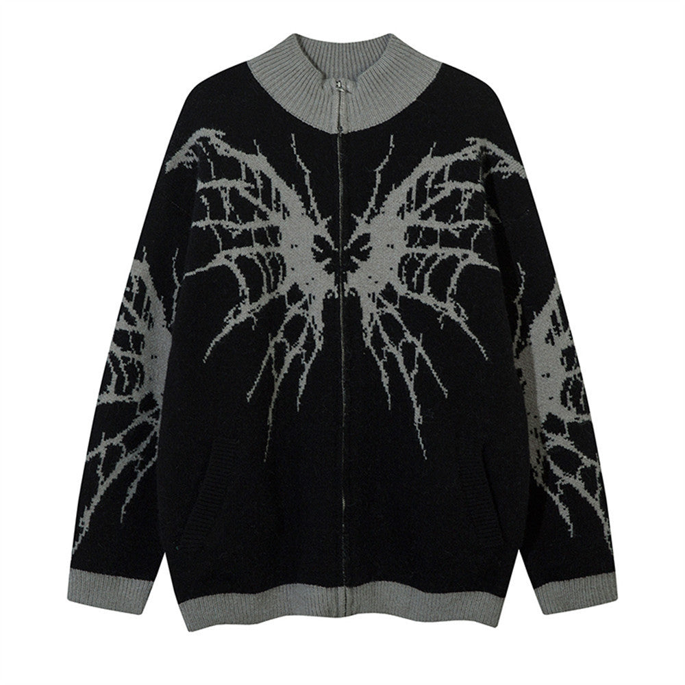Dark Spider Web Zipped Stand Collar Sweater Coat For Men