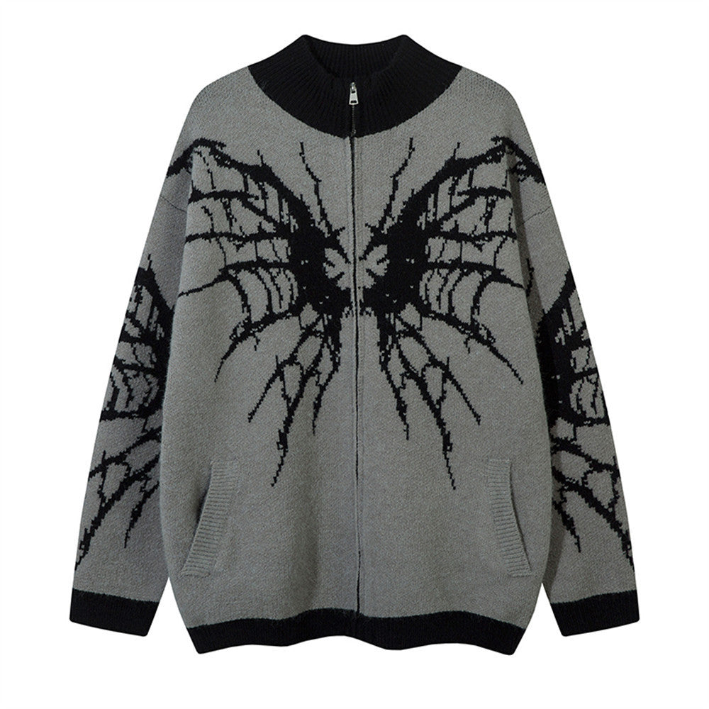 Dark Spider Web Zipped Stand Collar Sweater Coat For Men