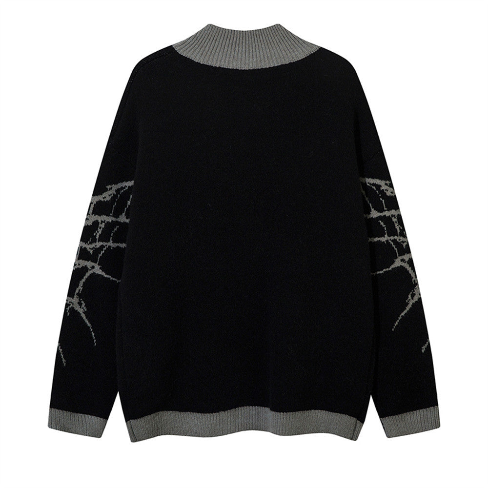 Dark Spider Web Zipped Stand Collar Sweater Coat For Men