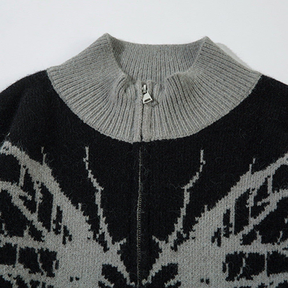 Dark Spider Web Zipped Stand Collar Sweater Coat For Men